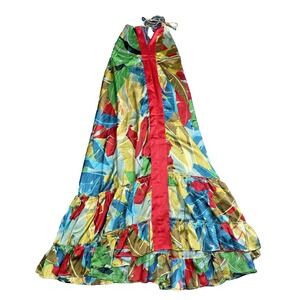 Vici Maxi Halter Dress Tropical  Sundress Floral Ruffle Satin Size Medium NWOT